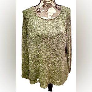🫒CHICOS Green Sequin Sparkle Sweater Side Slits Scoop Neck Loose Fit. 2, Large